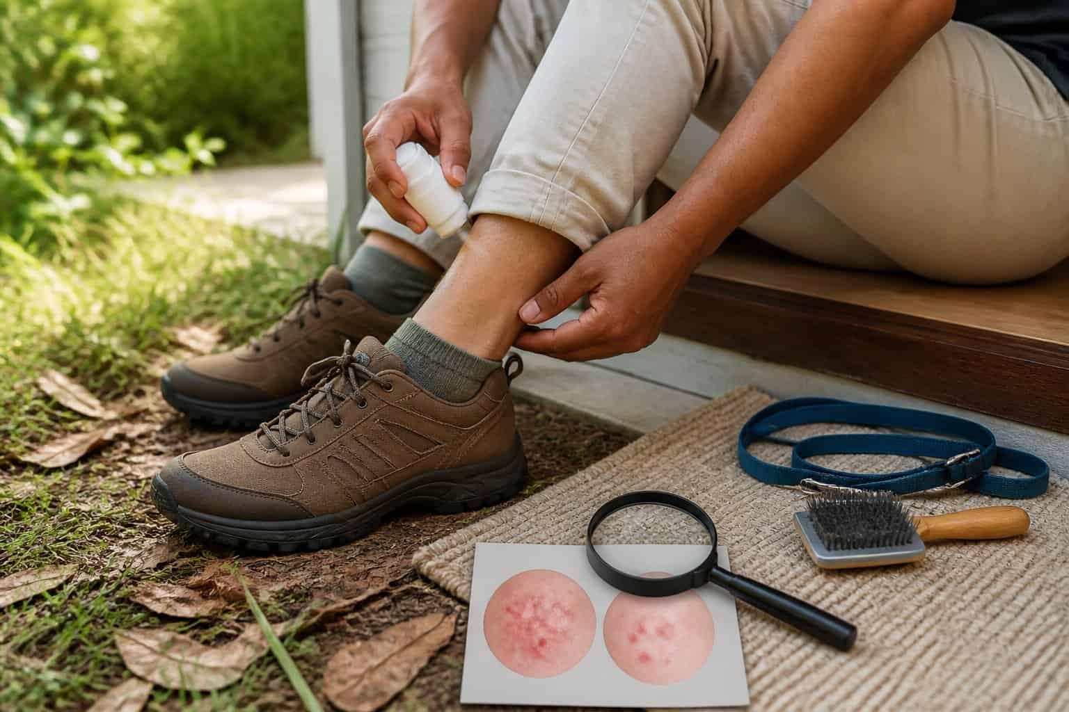 A person applies insect repellent near the ankle beside grassy ground and a pet grooming brush.