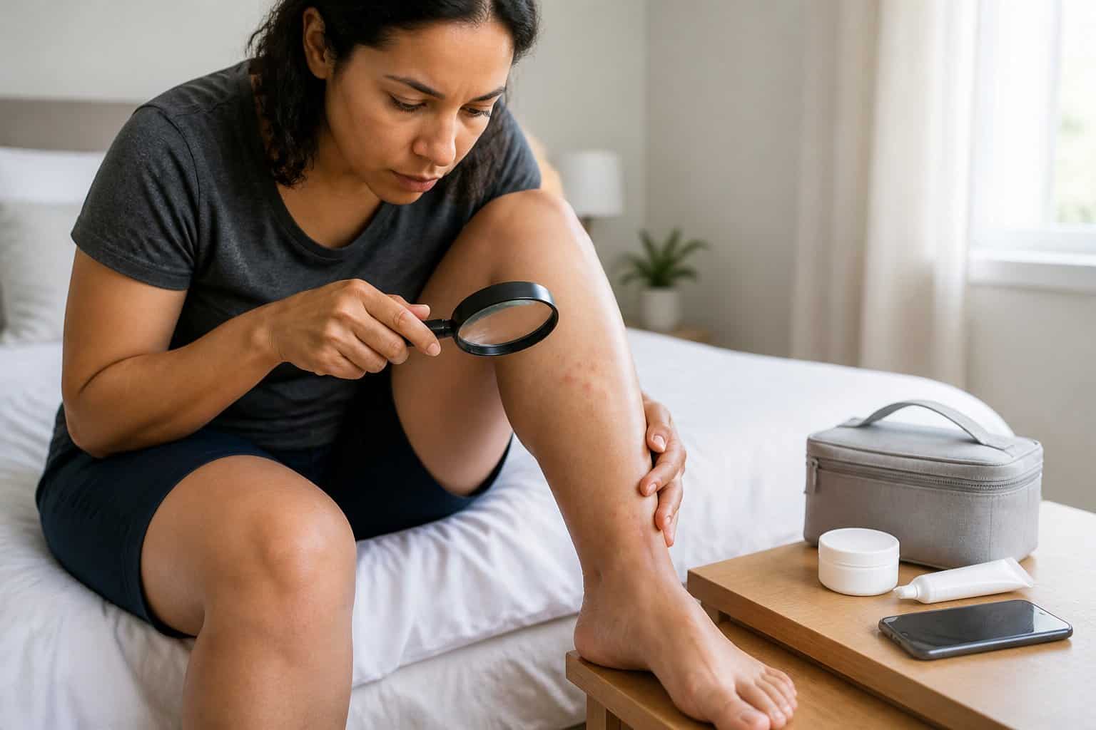 Person examining small clusters of red bites on their lower leg with a magnifying glass.