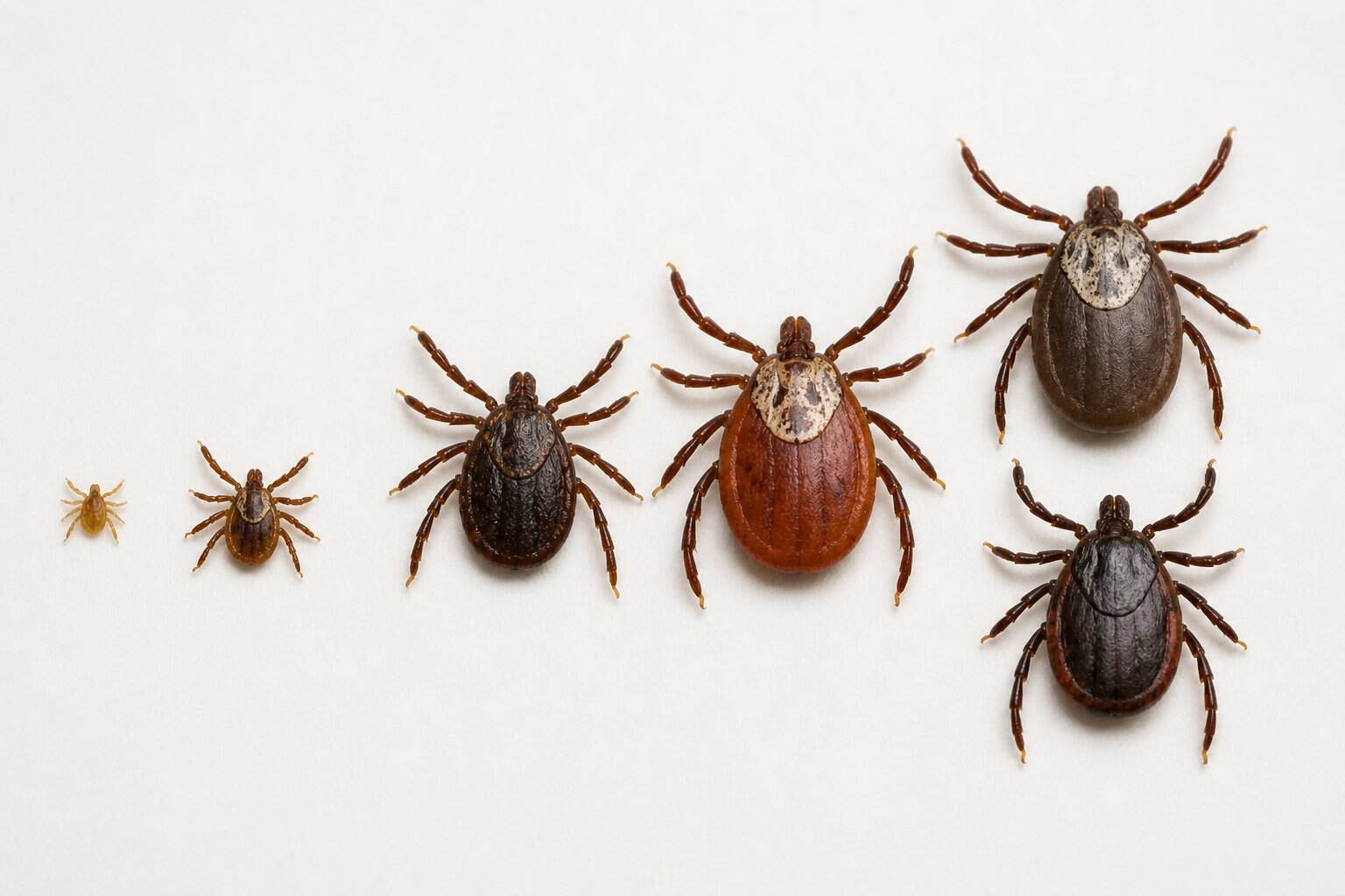 Different tick species and life stages arranged from tiny larvae to larger adult ticks.