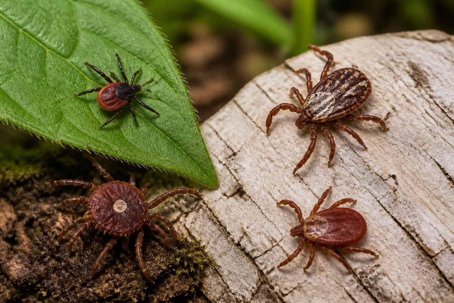 Several different ticks rest on a leaf, bark, and forest soil.