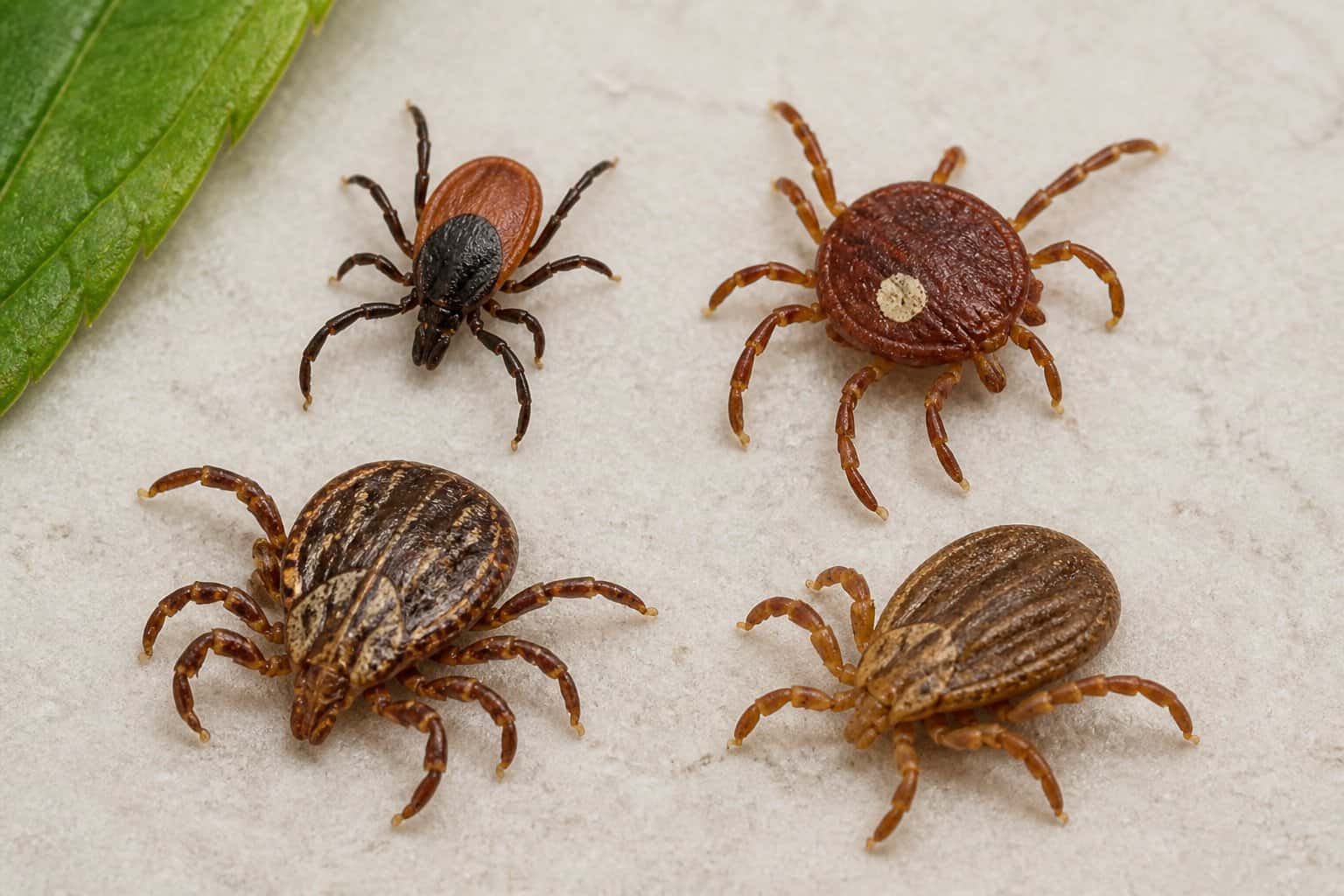 Several different tick species arranged separately on a neutral surface for comparison.