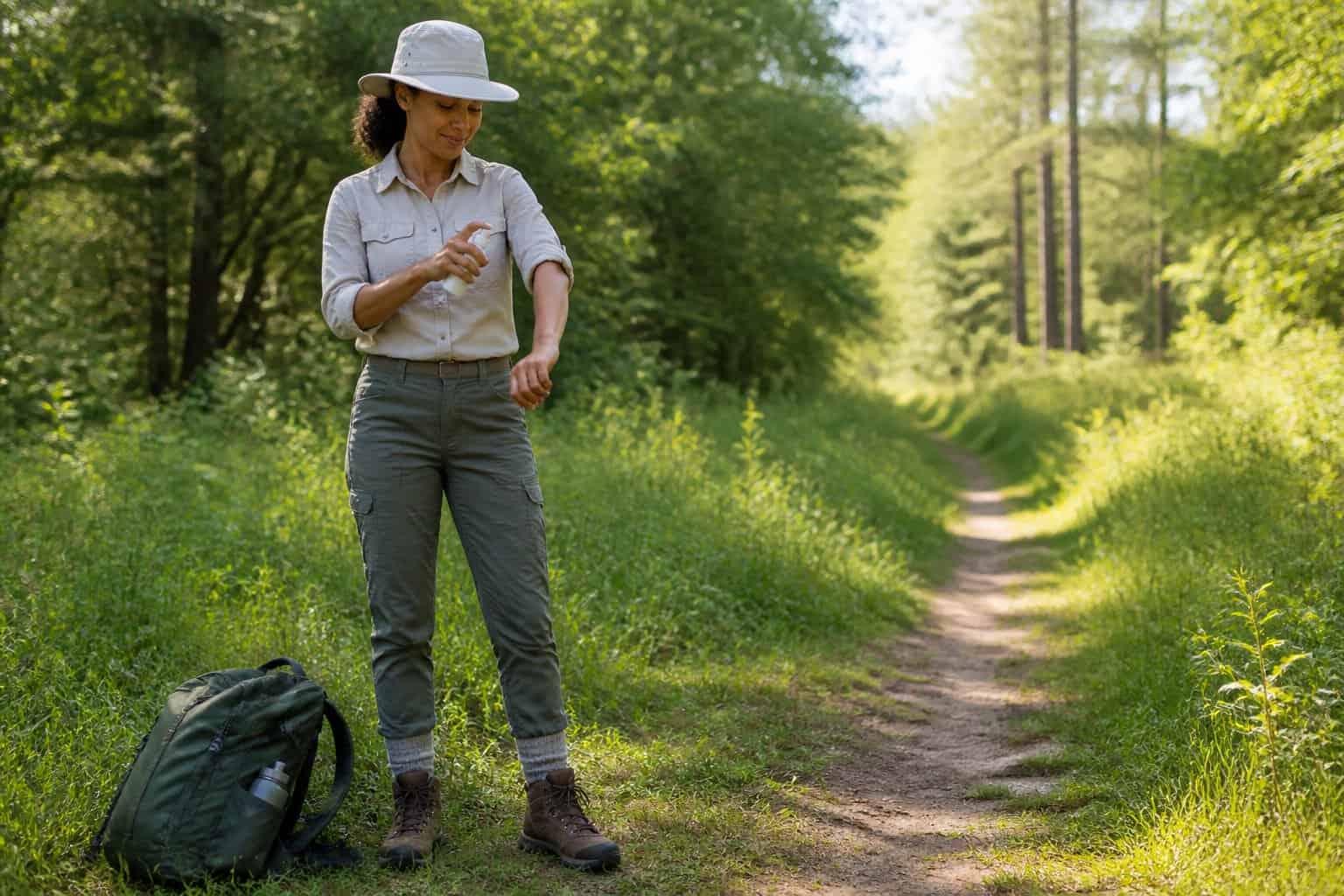 Hiker applying tick repellent to an exposed forearm on a wooded trail.