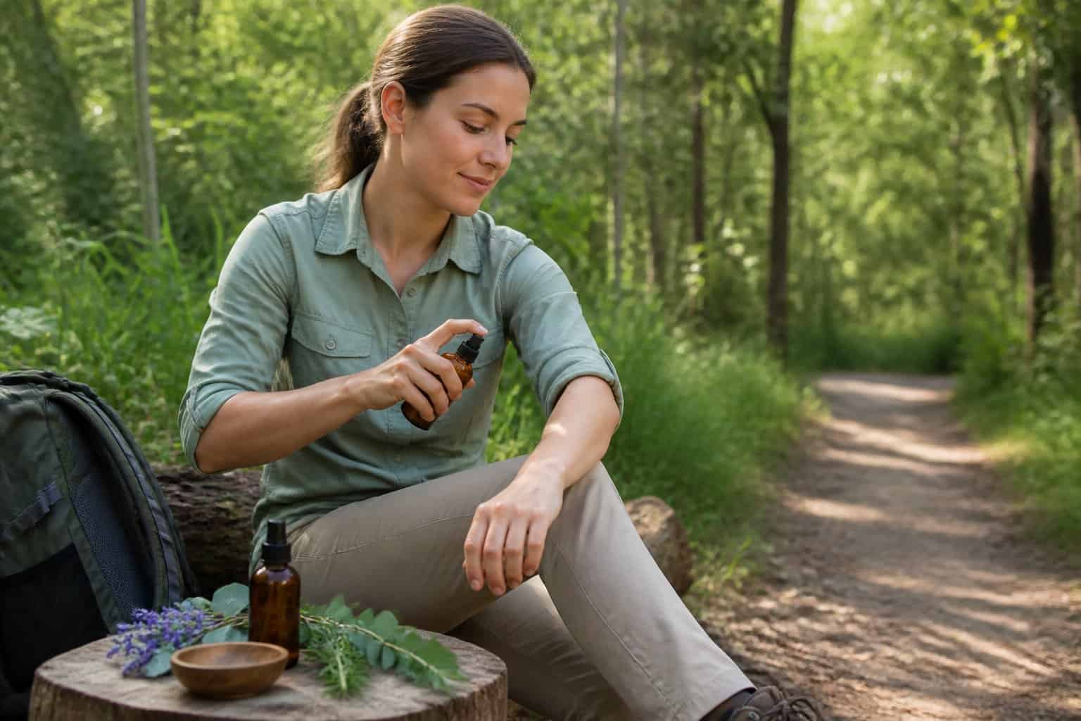 A hiker applies natural insect repellent to their arm beside a forest trail.