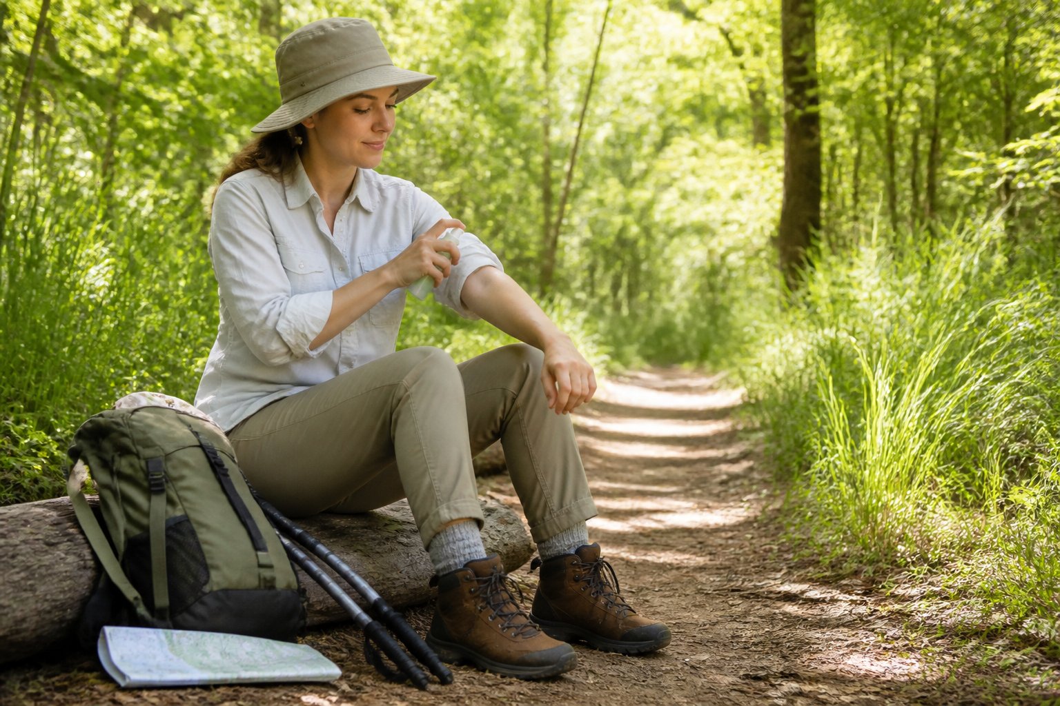 A hiker in protective clothing applies insect repellent on a wooded trail.