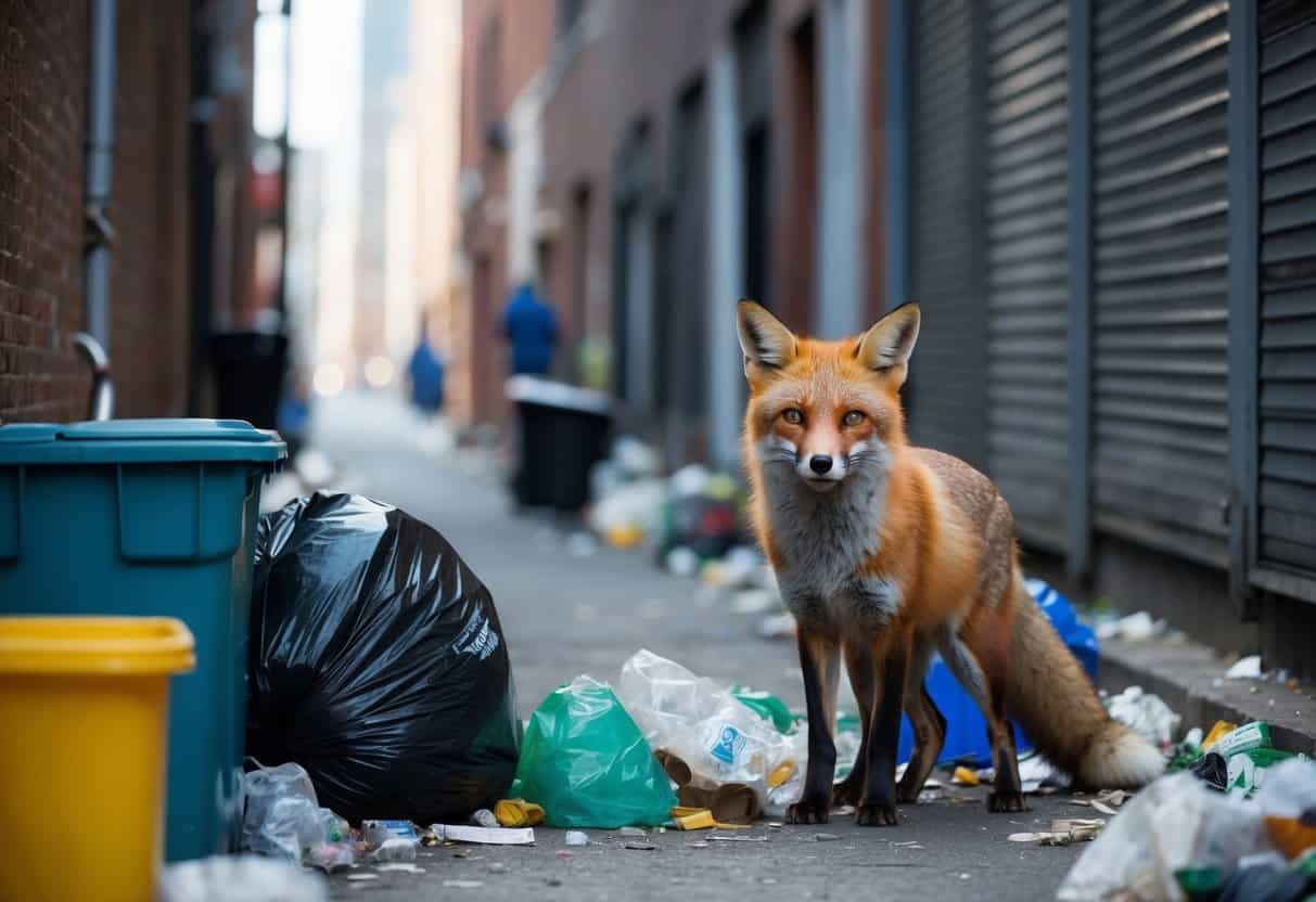 A fox surrounded by trash and scavenging in a city alleyway