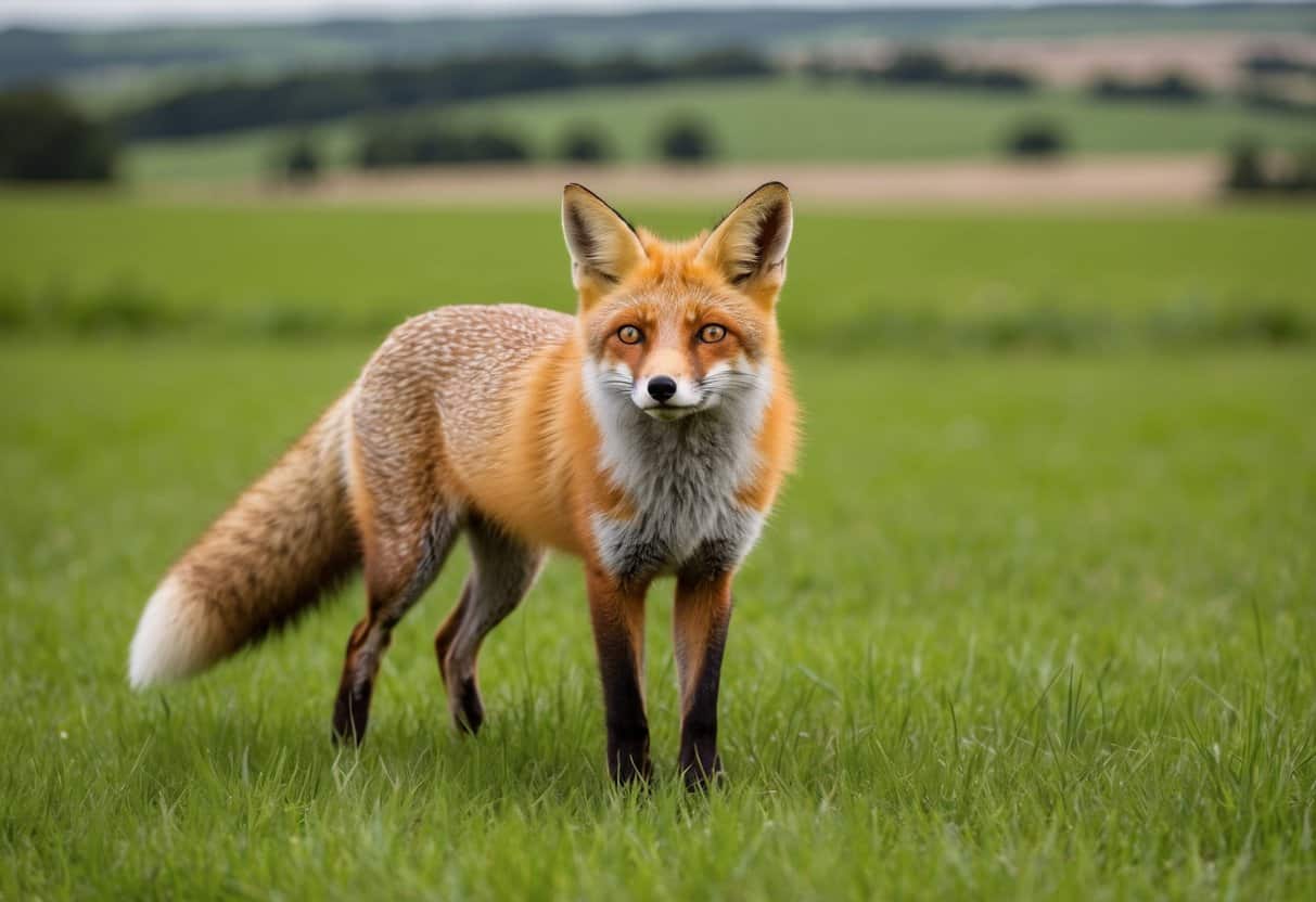 A red fox stands in a lush green field, its ears perked up as it looks around with alert eyes. The countryside landscape stretches out behind it