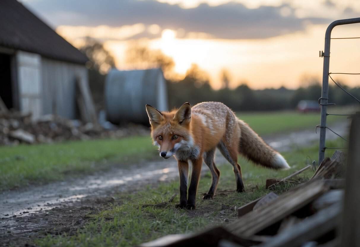 A fox is seen lurking near a farm, with signs of destruction to the property