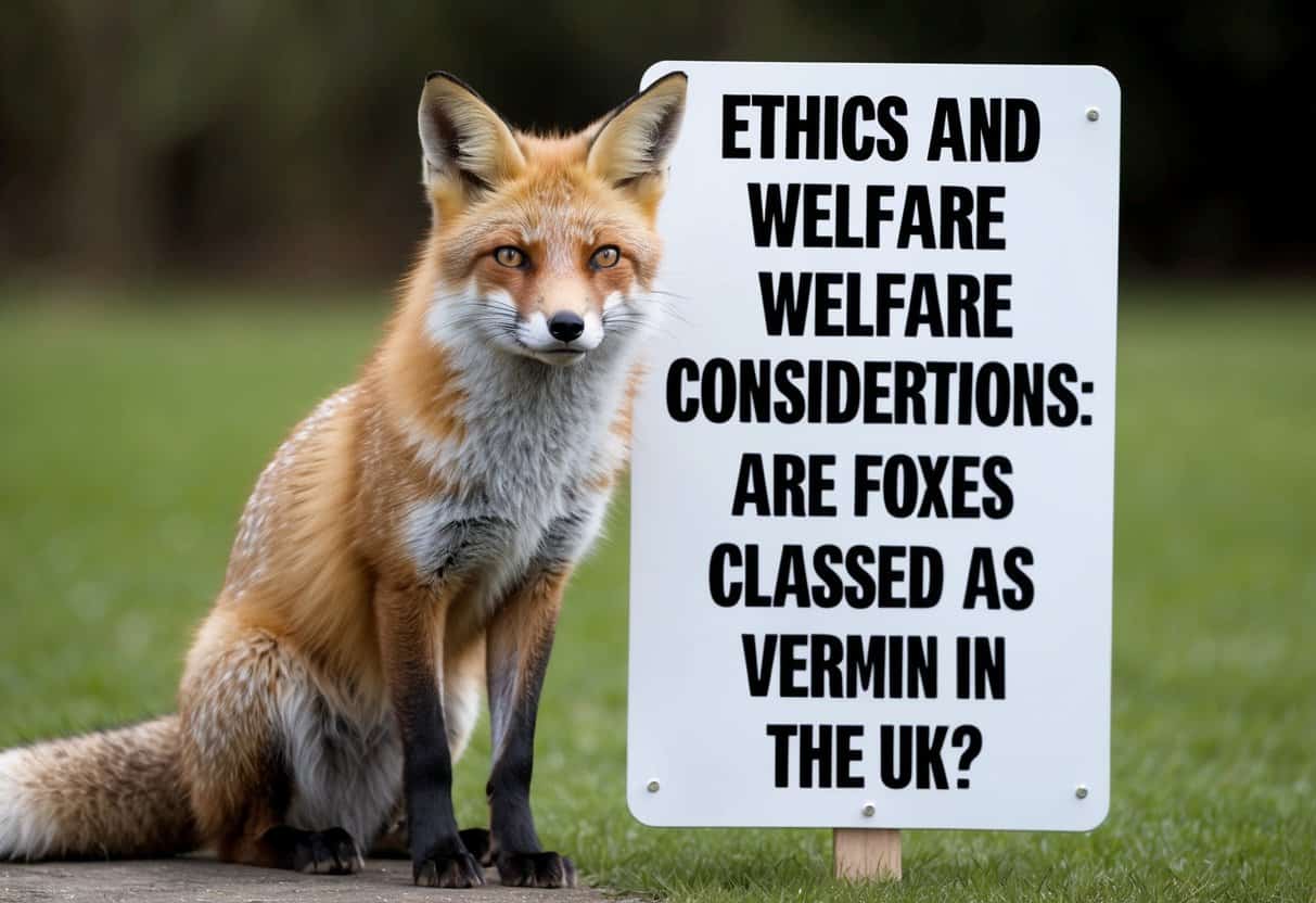 A fox with a concerned expression sits beside a sign reading "Ethics and Welfare Considerations: Are foxes classed as vermin in the UK?"