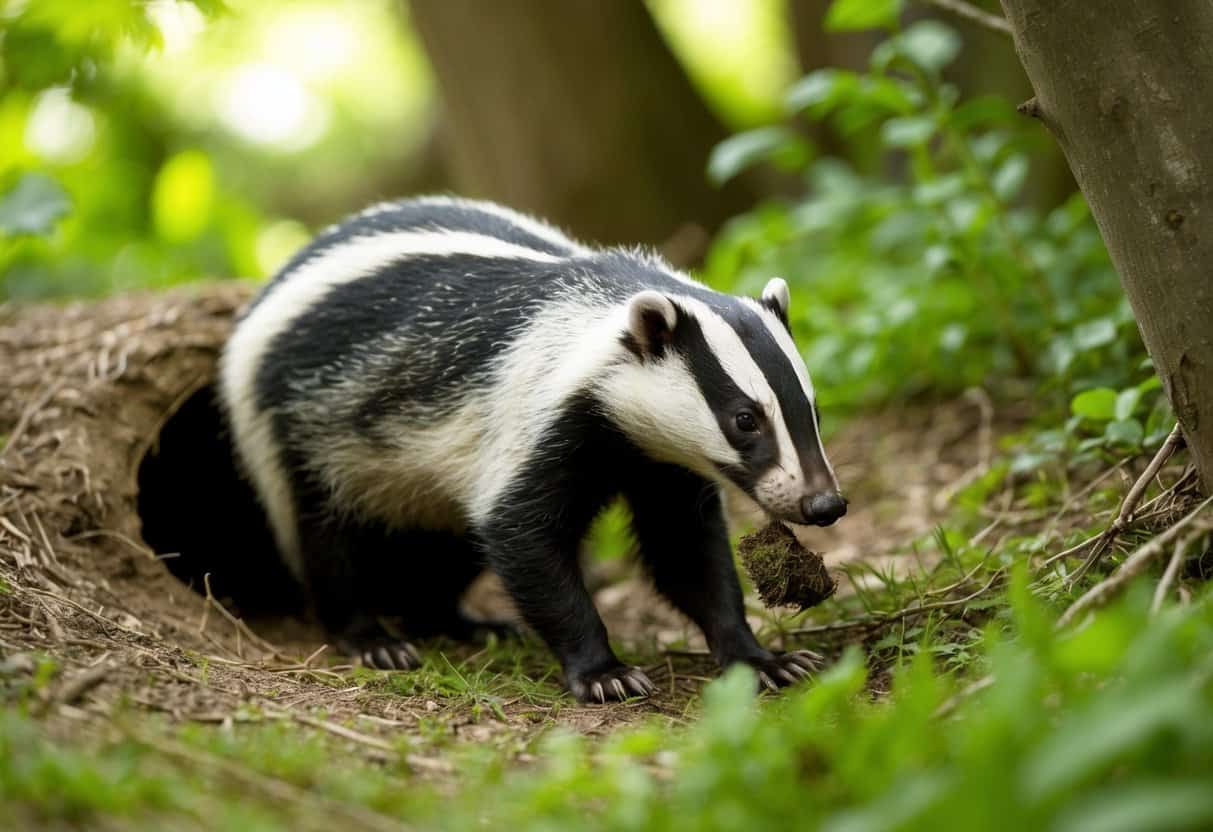 A badger emerges from its burrow in a lush, wooded area of the UK. It sniffs the air and forages for food, displaying its distinctive black and white markings