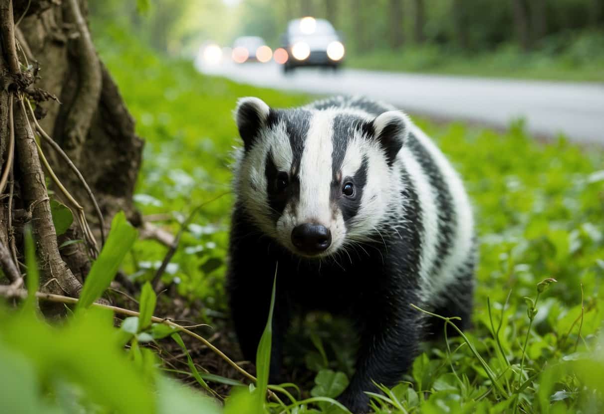 A badger emerges from a lush, green woodland, its black and white striped face peering out curiously. In the distance, a bustling road poses a threat to its habitat