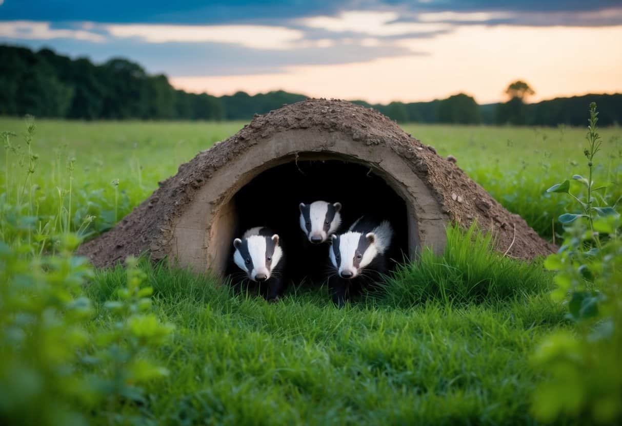 A lush green meadow with a burrow entrance and several badgers emerging at dusk
