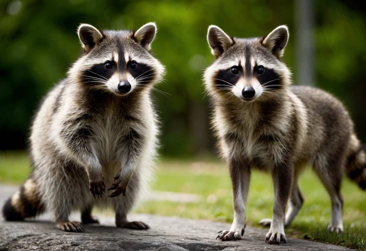 A raccoon and a raccoon dog standing side by side, showcasing their distinct physical differences in size, fur color, facial markings, and tail shape