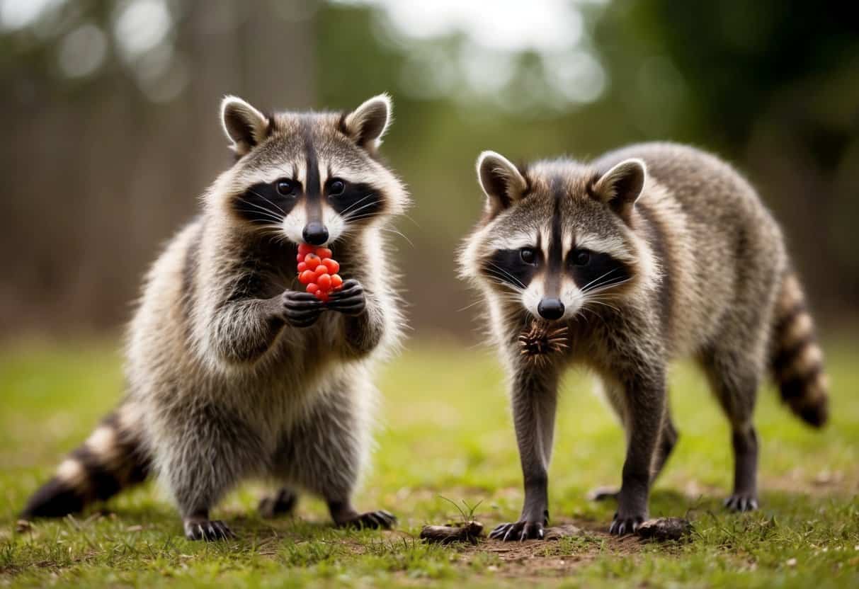 A raccoon and raccoon dog stand side by side, one eating berries while the other digs for insects. Their distinct behaviors and diet are evident