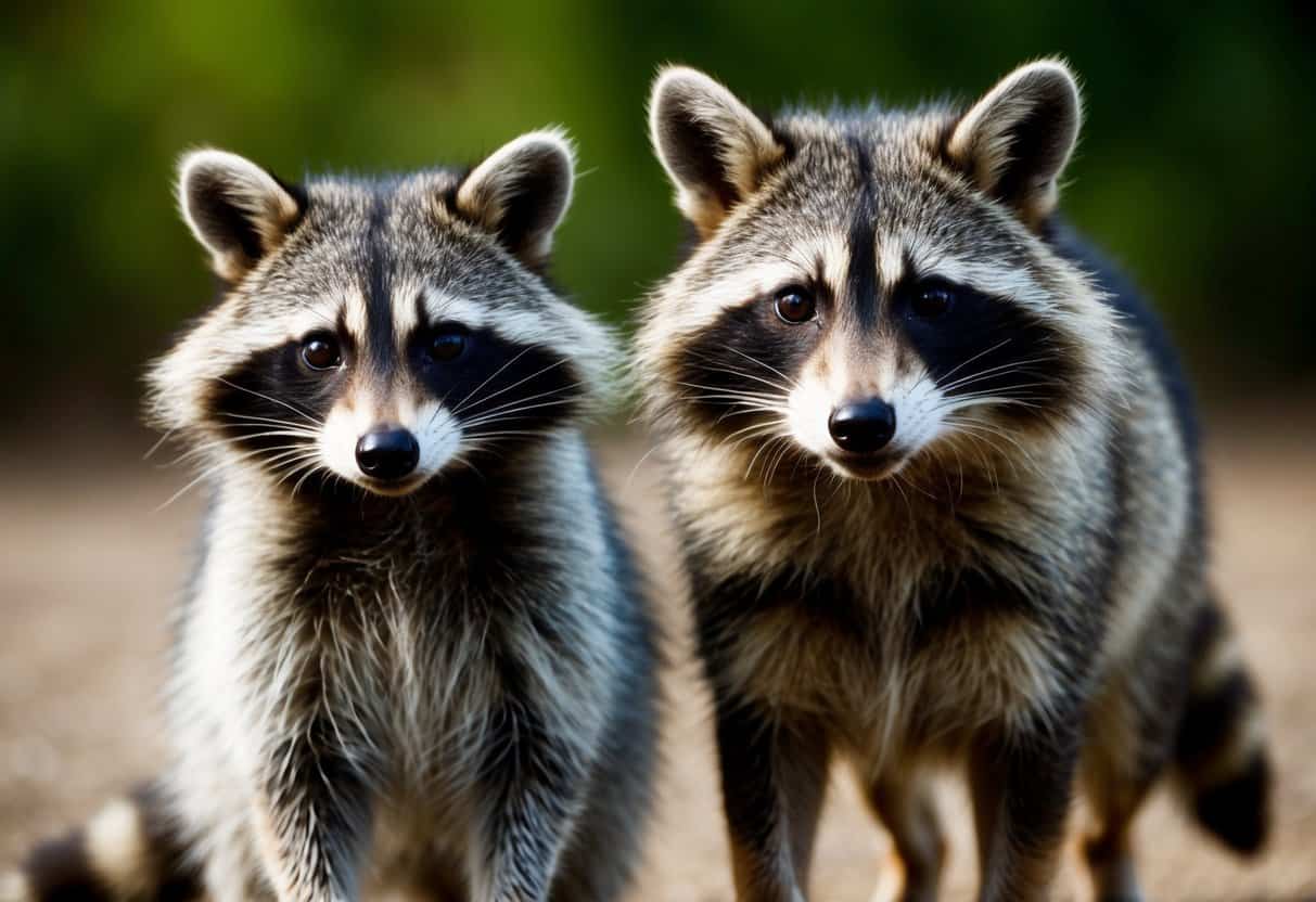 A raccoon and a raccoon dog standing side by side, with their distinct physical features highlighted