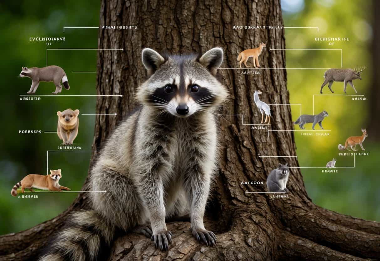 A raccoon sits in a tree, surrounded by various animal species. Its evolutionary relationships are depicted through branching lines and labels