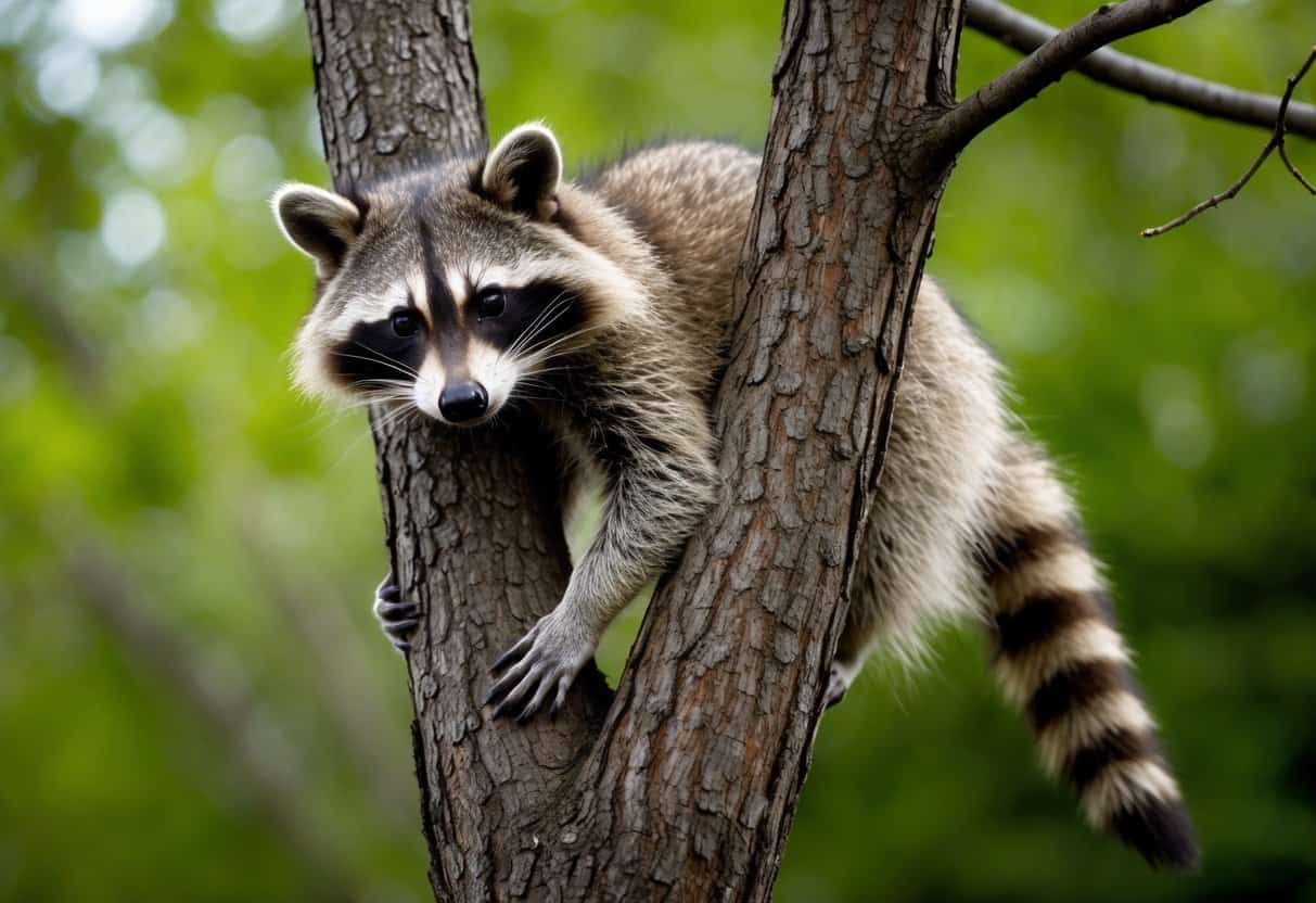 A raccoon, related to bears, climbs a tree with its distinctive mask and ringed tail