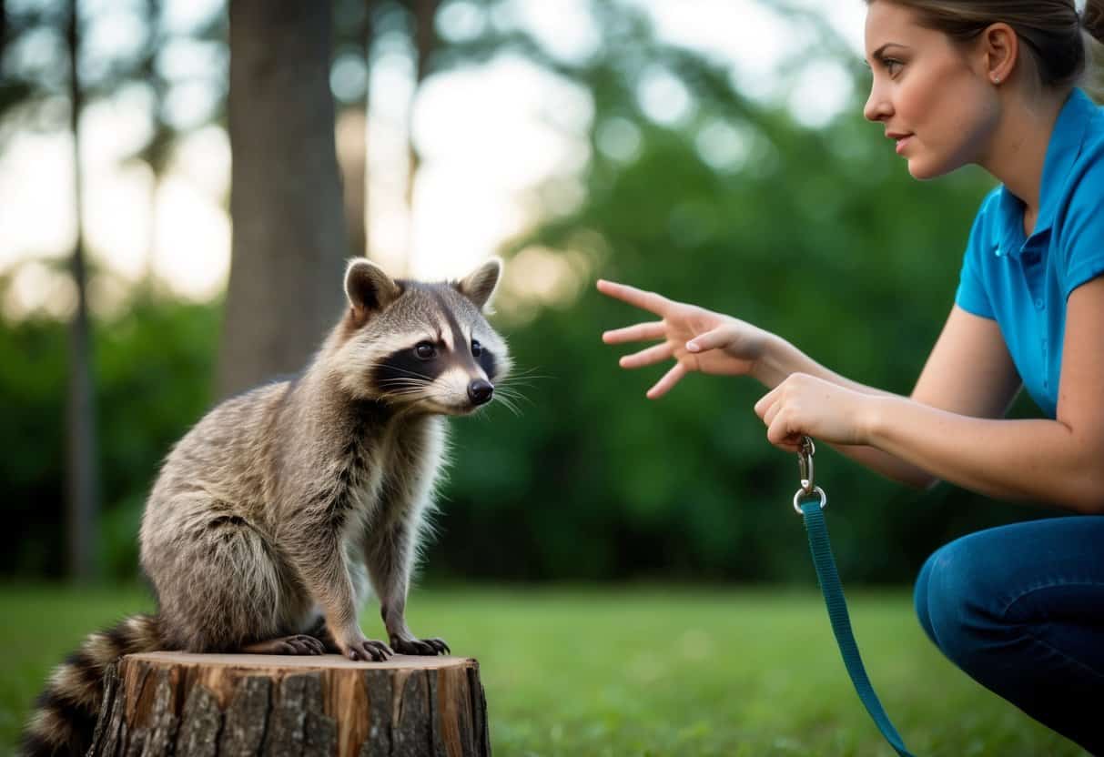 A raccoon sits on a tree stump, looking curiously at a person holding a leash. The person is gesturing towards the raccoon with a concerned expression