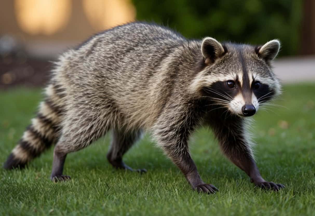 A raccoon with disoriented behavior wanders in daylight near a suburban backyard