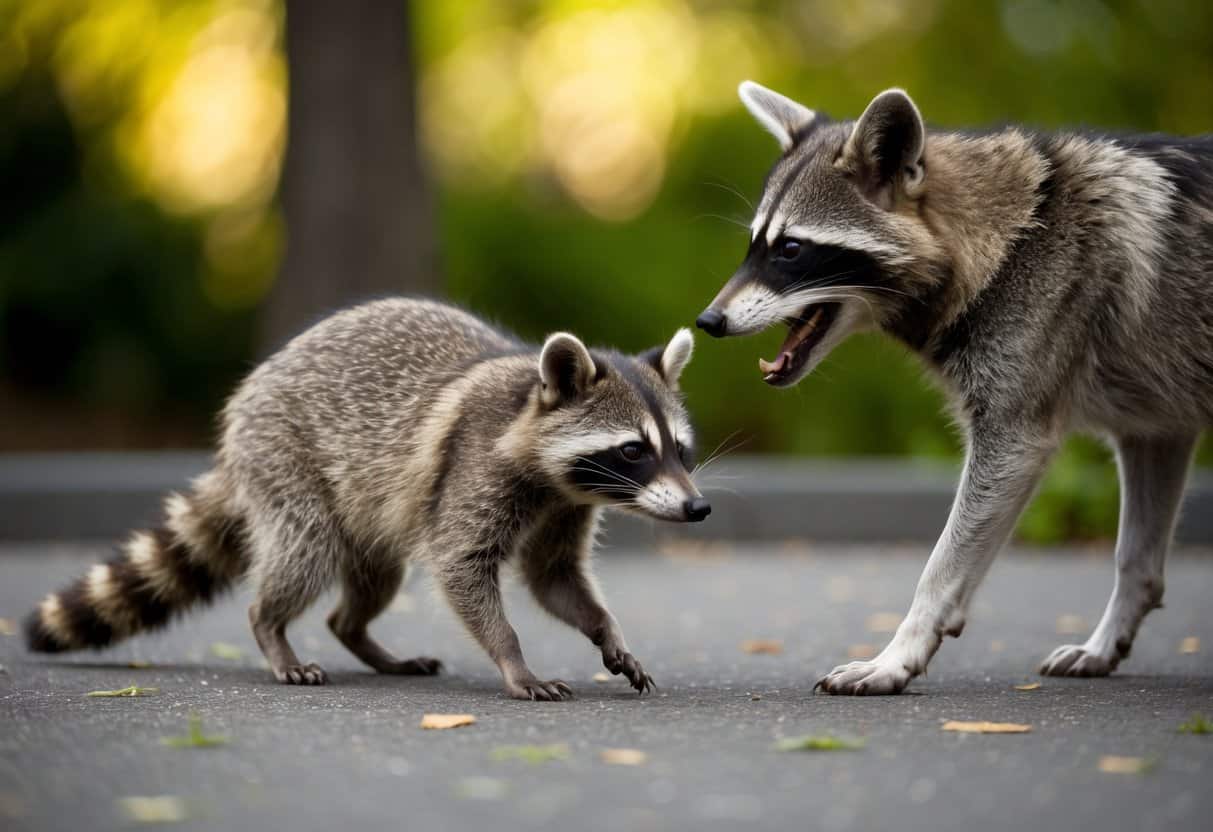 A raccoon cautiously approaches a dog, its body tense and eyes wary. The dog barks, causing the raccoon to retreat with its tail raised defensively