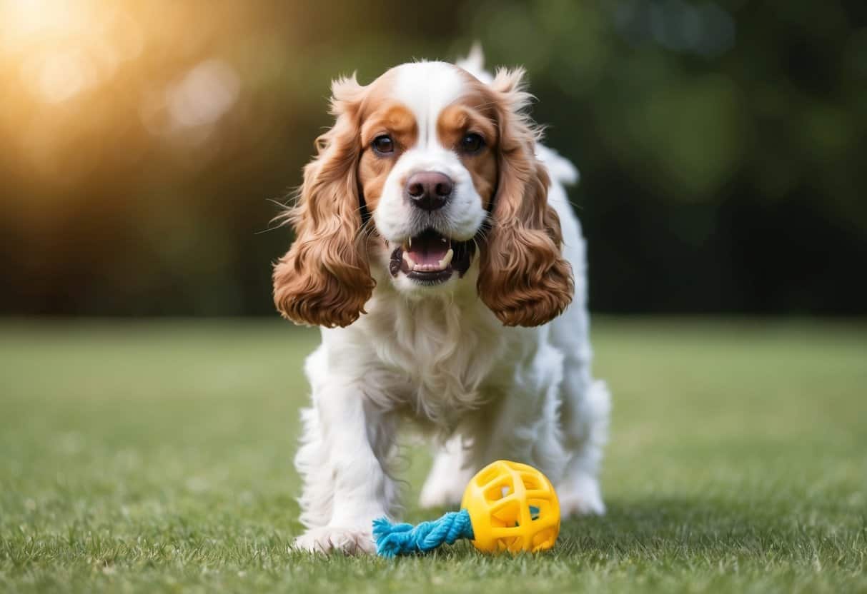 A snarling cocker spaniel bares its teeth, ears flattened and body tense, as it stands over a chewed-up toy