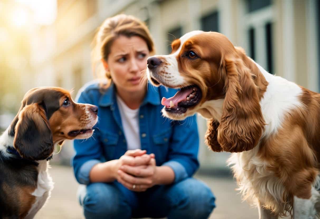 A cocker spaniel bares its teeth and growls at a smaller dog, while a concerned owner looks on with a puzzled expression