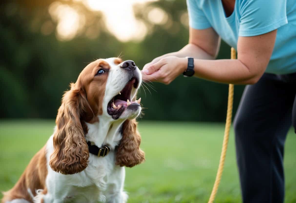 A cocker spaniel growls and bares teeth at a trainer during a behavior modification session