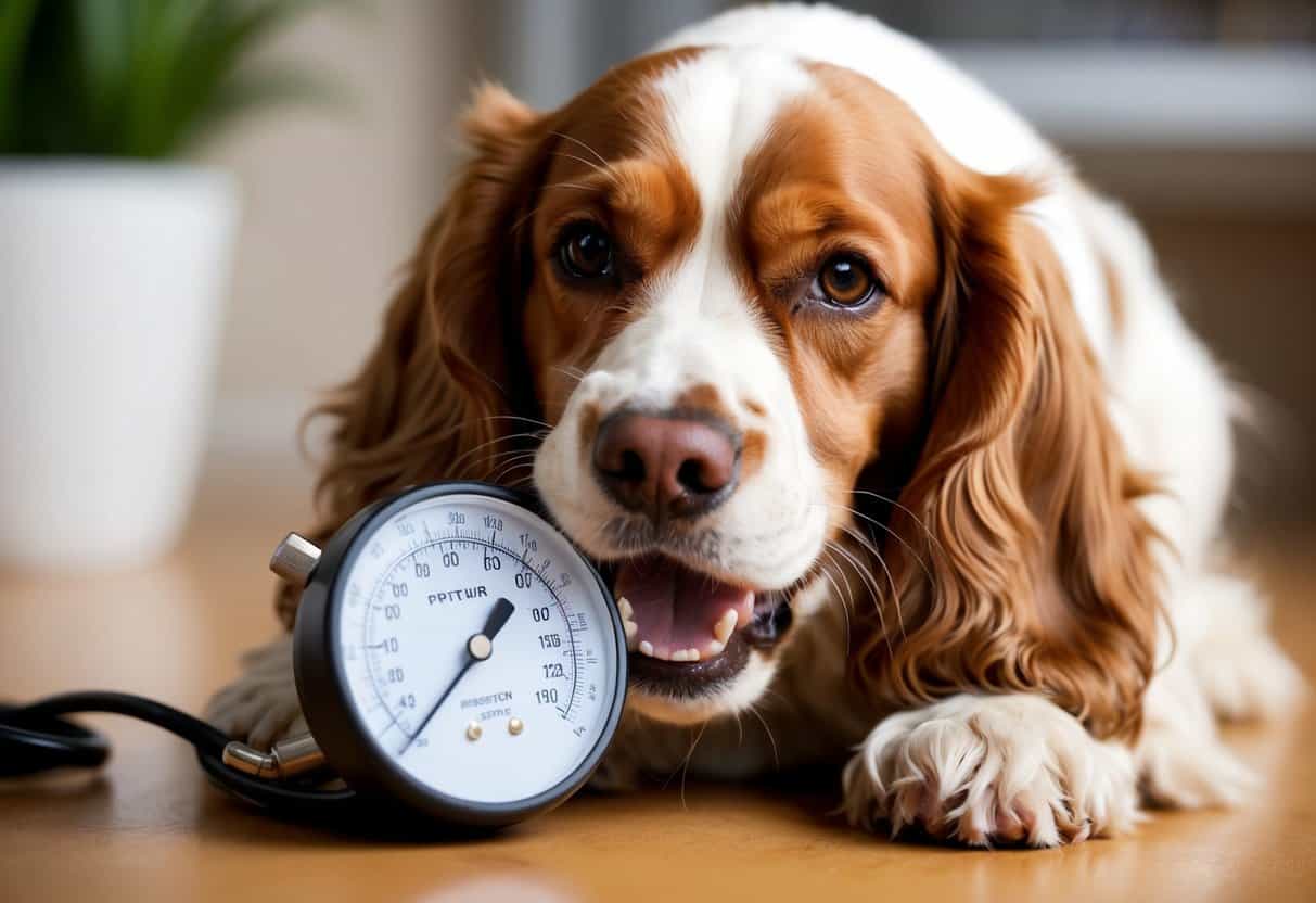 A Cocker Spaniel biting down on a pressure-measuring device