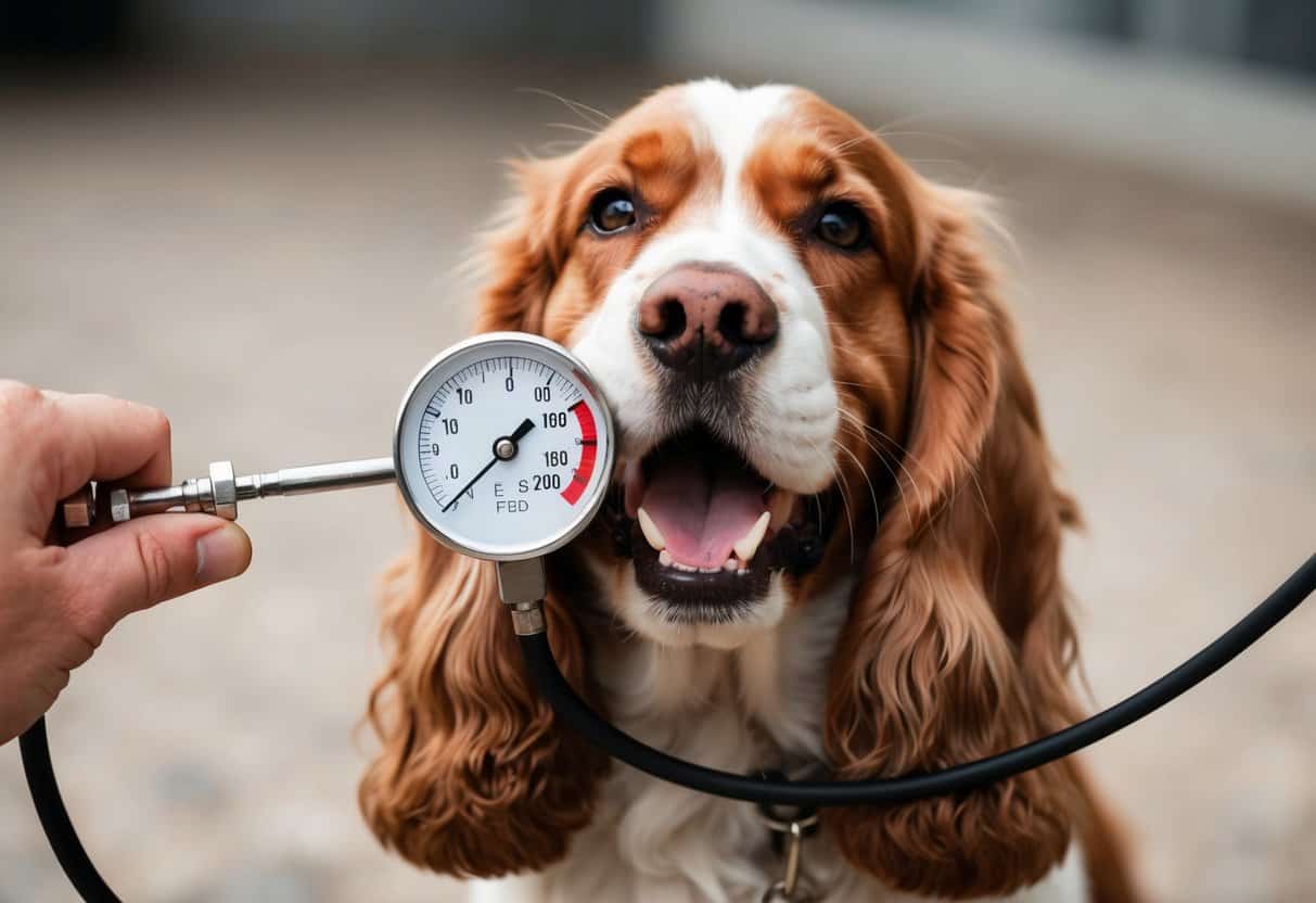 A cocker spaniel biting down on a pressure gauge, measuring its bite force