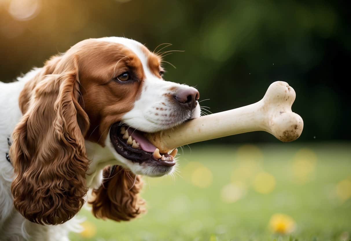 A cocker spaniel chomps down on a sturdy bone, showcasing its powerful bite force