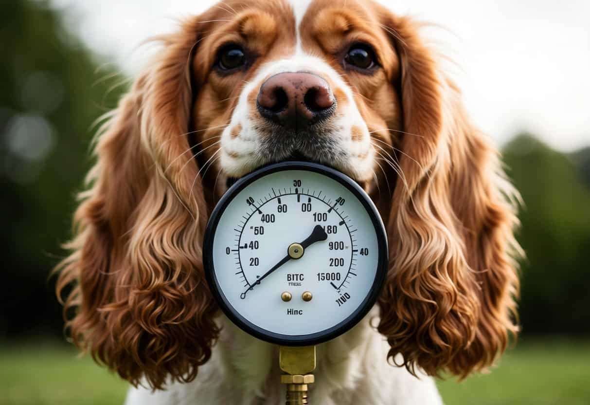A cocker spaniel's jaws clamping down on a pressure gauge, measuring its bite force