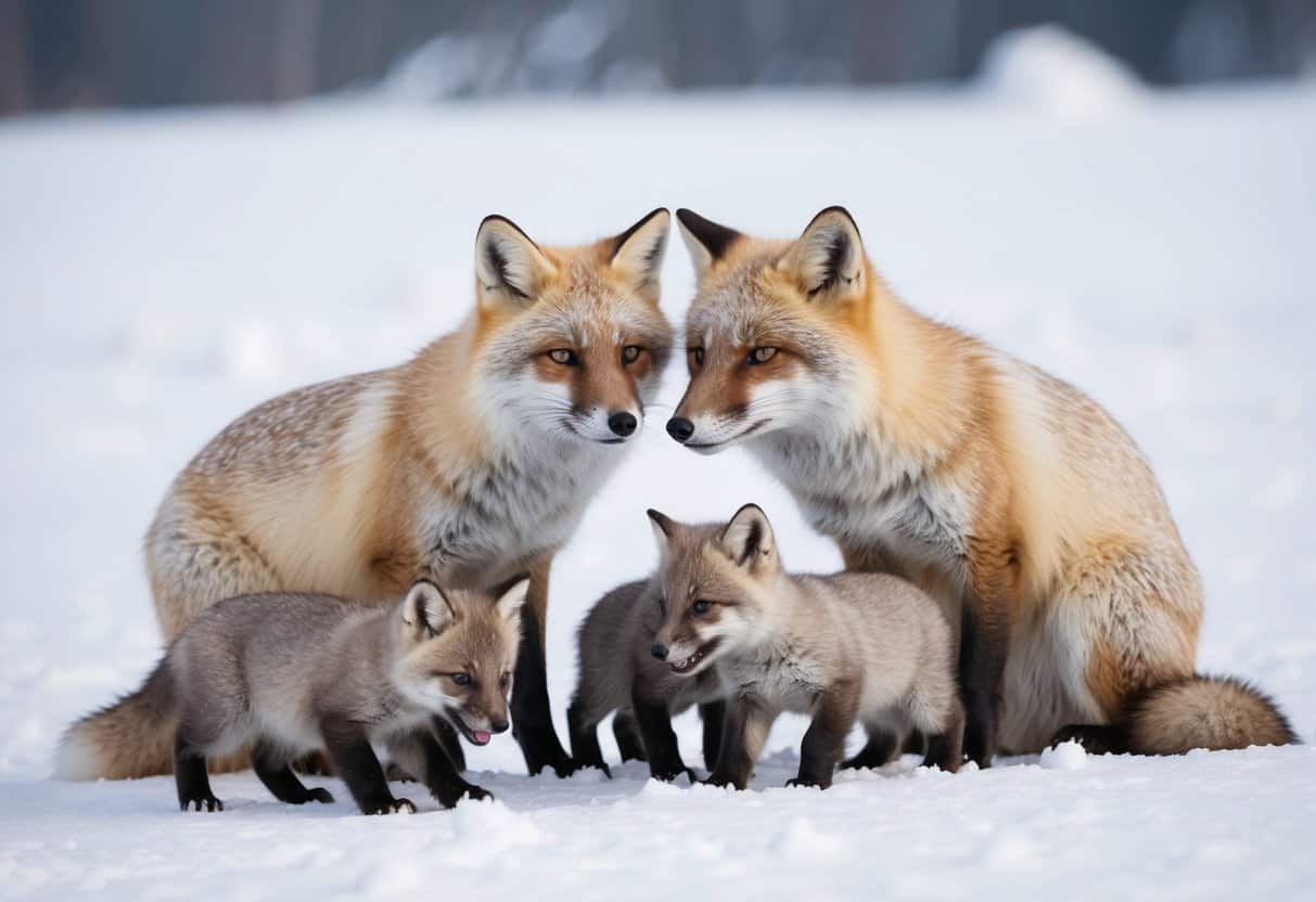 An arctic fox pair nuzzling in the snow, surrounded by their young pups playing and exploring their icy habitat