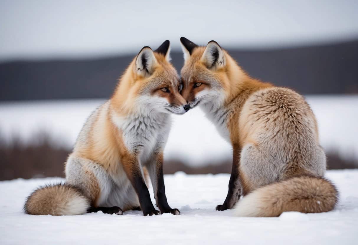 Two arctic foxes nuzzle each other, their tails intertwined, as they gaze lovingly into each other's eyes amidst a snowy landscape