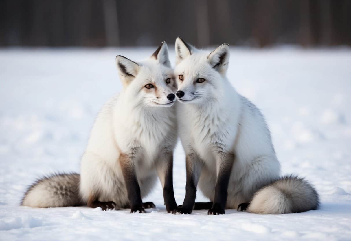 Two arctic foxes, with thick white fur and bushy tails, nuzzle each other in a snowy landscape