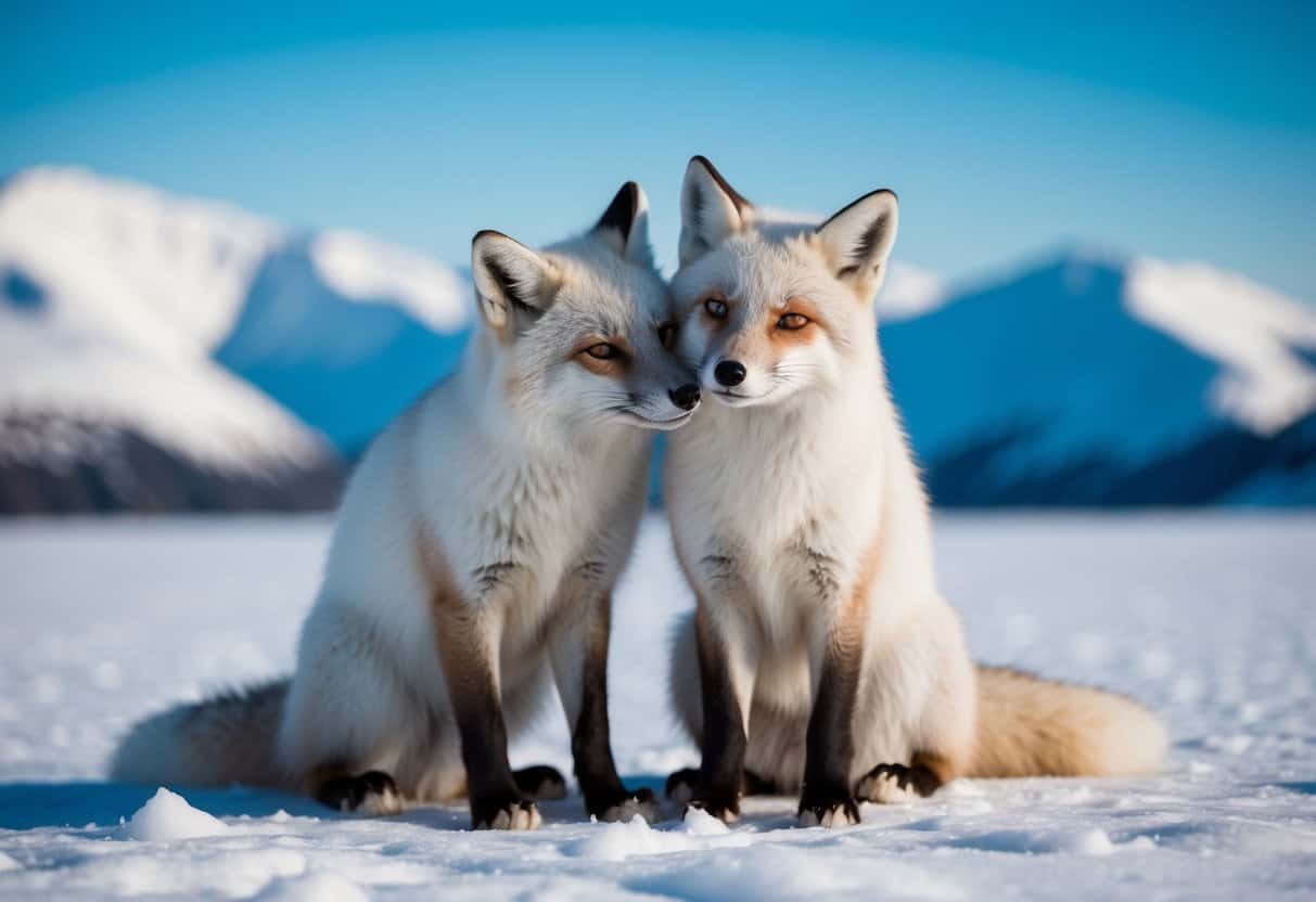 Two arctic foxes nuzzling and grooming each other in a snowy landscape, with a backdrop of icy mountains and a clear blue sky