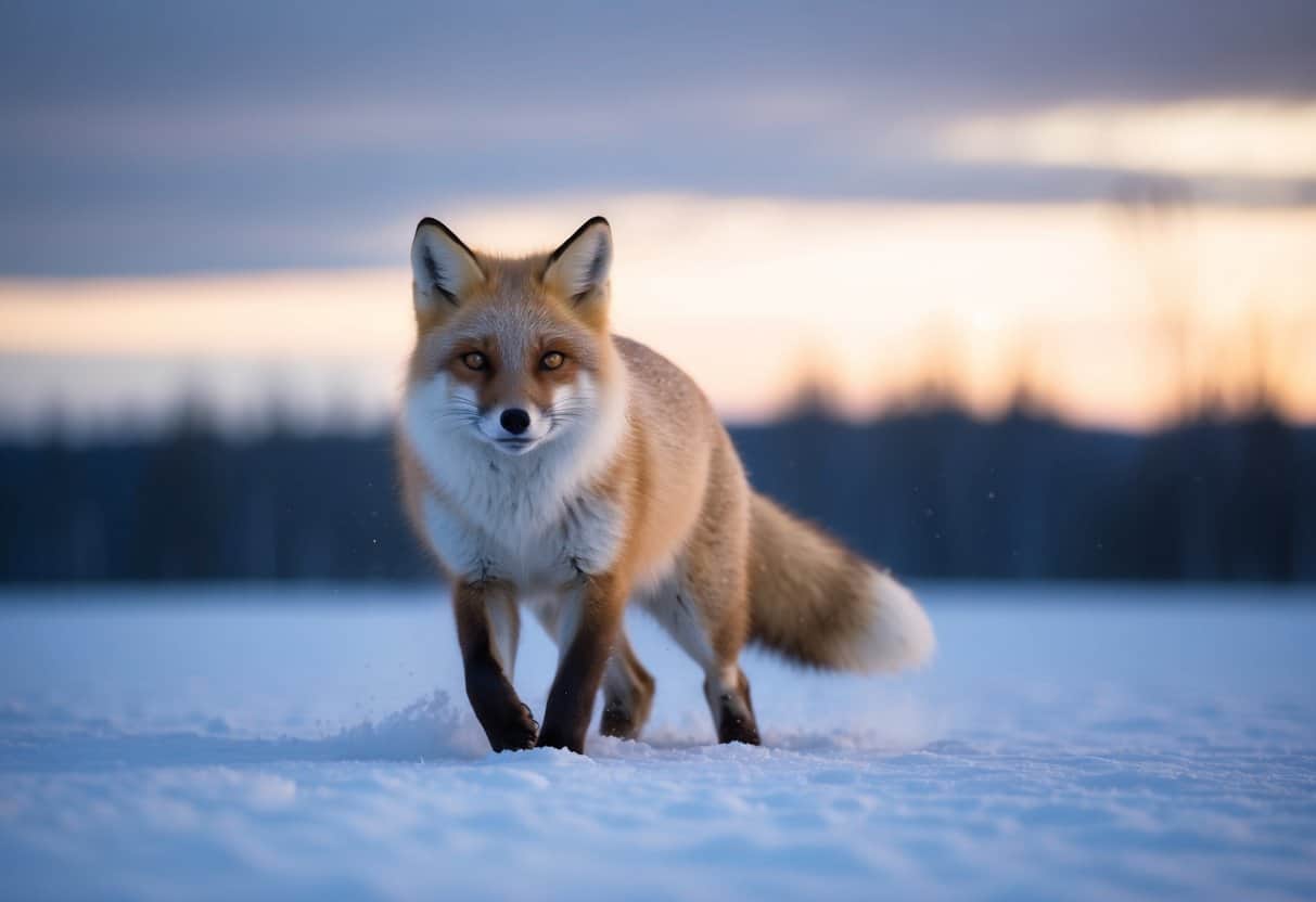 The Arctic fox is most active during the early morning and late evening, depicted in a snowy landscape with the fox hunting or playing in the dim light