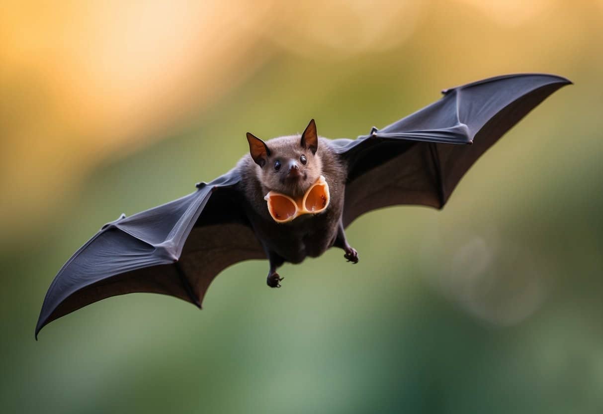 A bat in flight with distinguishable reproductive organs visible