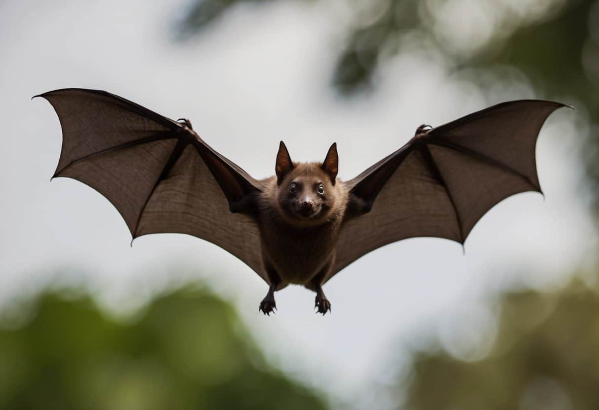A bat in flight, displaying distinct physical features such as size, shape, and behavior that can indicate its gender
