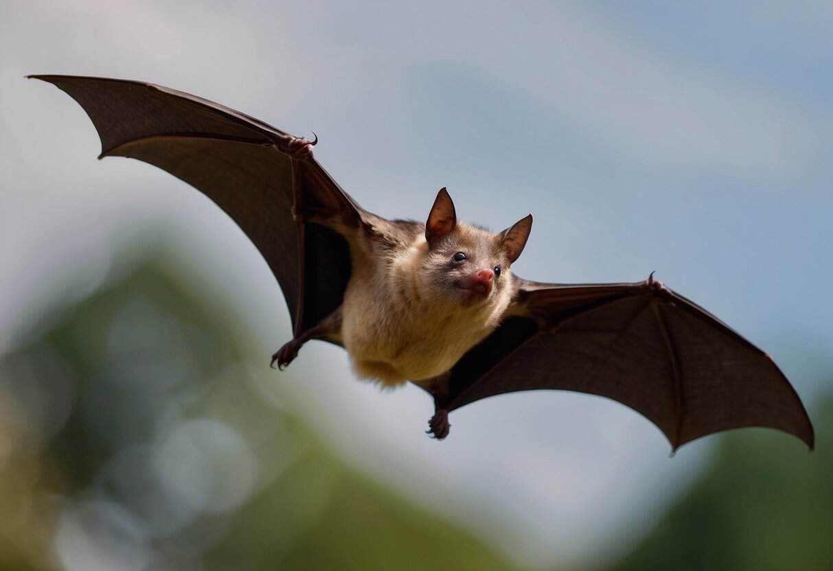 A bat in flight, with distinct male and female reproductive organs visible