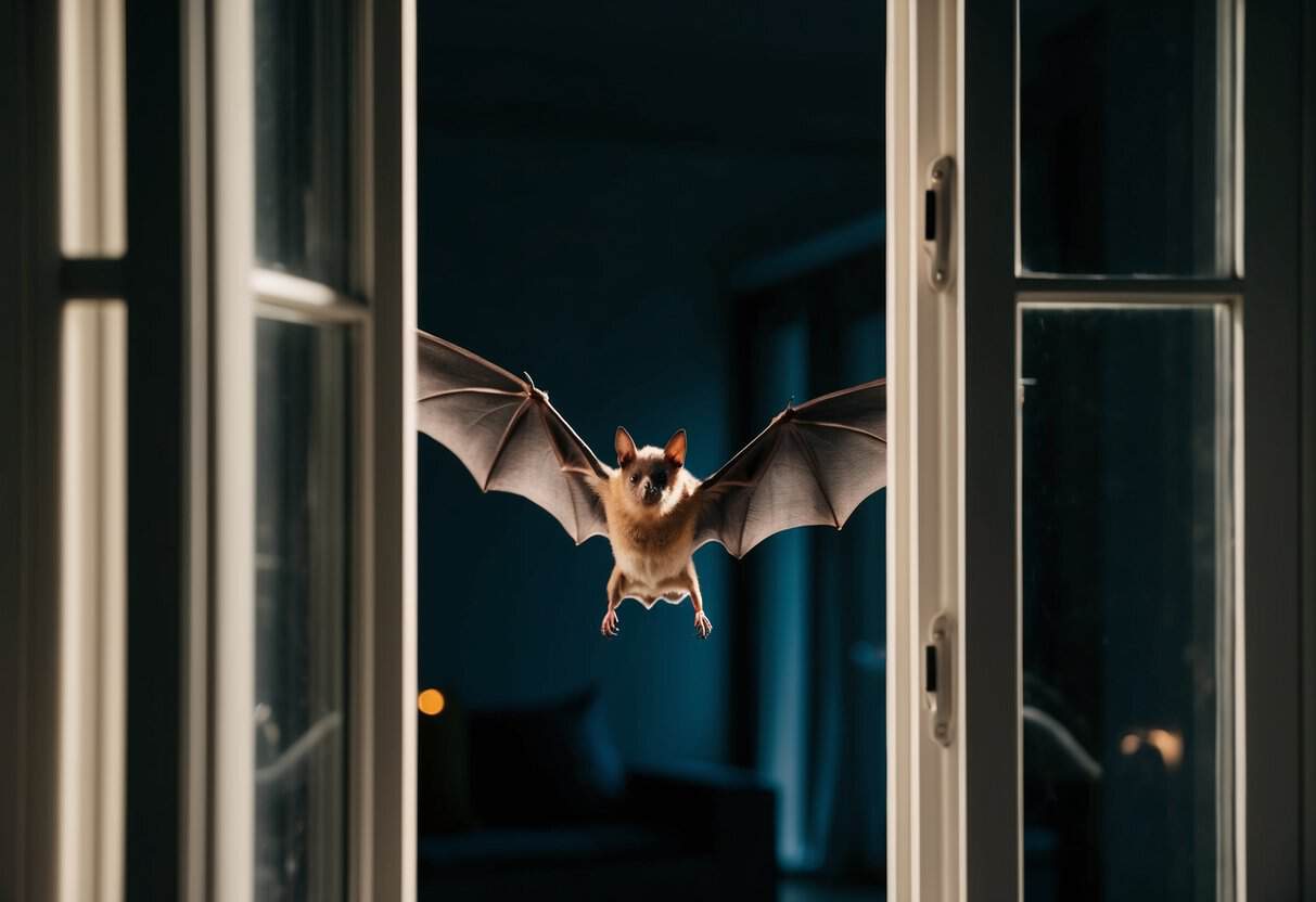 A bat flies through an open window into a dimly lit living room, its wings casting eerie shadows on the walls