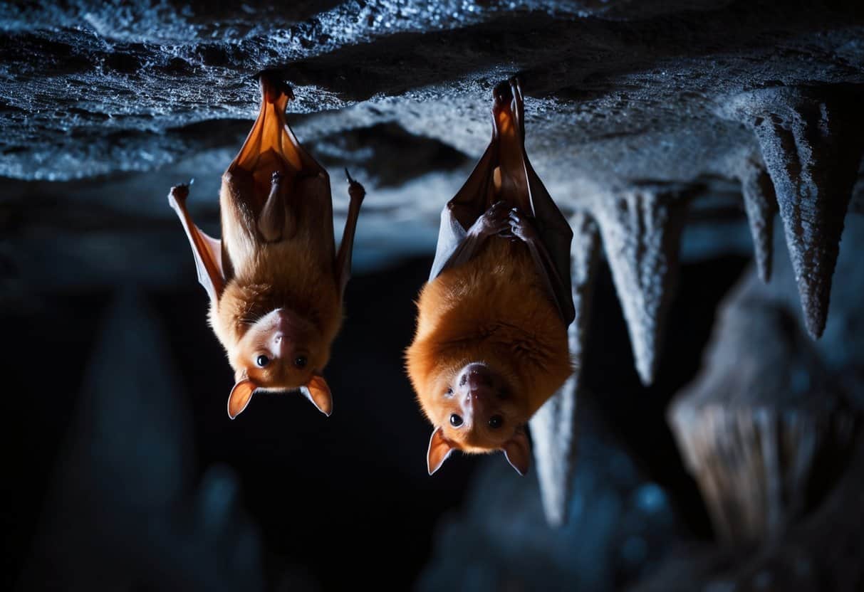 Two bats, a little brown bat and a big brown bat, hanging upside down in a dark cave surrounded by stalactites and stalagmites