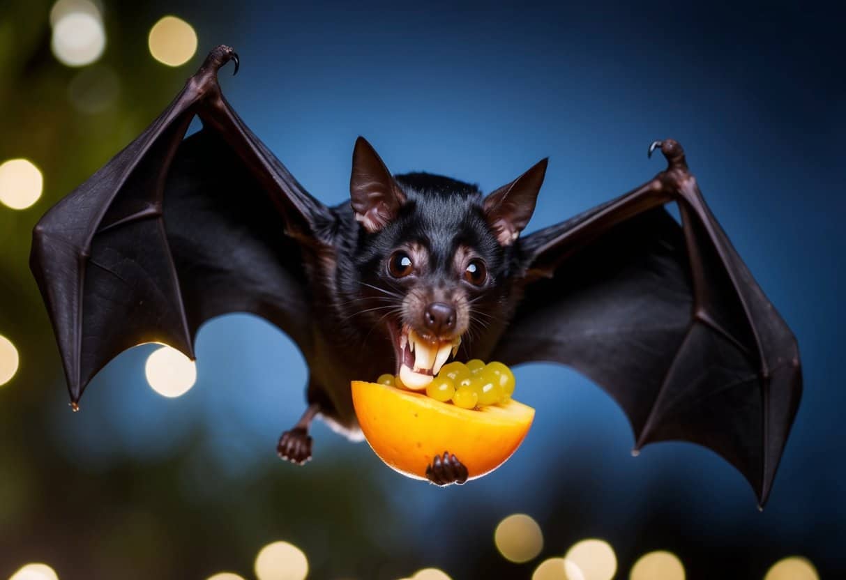 A bat hovers in the night, its sharp teeth sinking into a piece of fruit