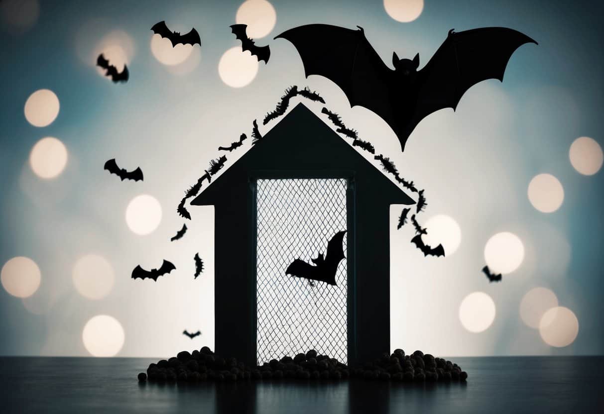 A silhouette of a house with a bat flying out and a mesh covering the entrance, surrounded by mothballs and sealed cracks