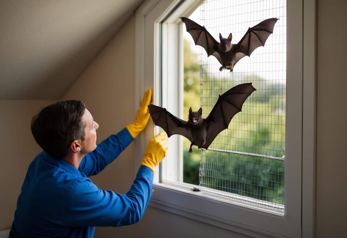 A bat flying out of an open attic window, while a person seals the entrance with wire mesh and caulking