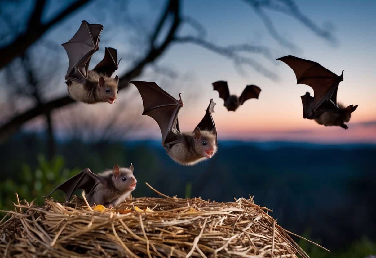 Baby bats leaving the nest in late spring at dusk, guided by their mother's echolocation