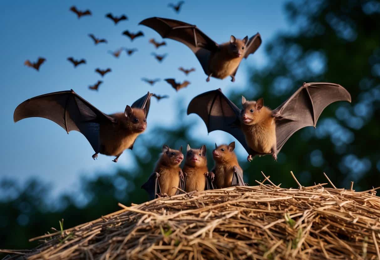 Baby bats leaving the nest in late summer dusk. Adult bats flying around, feeding and communicating with the young