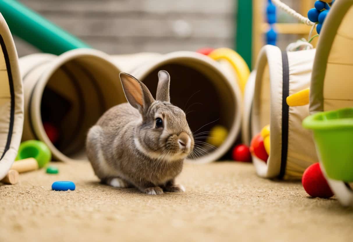 A rabbit exploring a spacious, enriching environment with tunnels, toys, and foraging opportunities