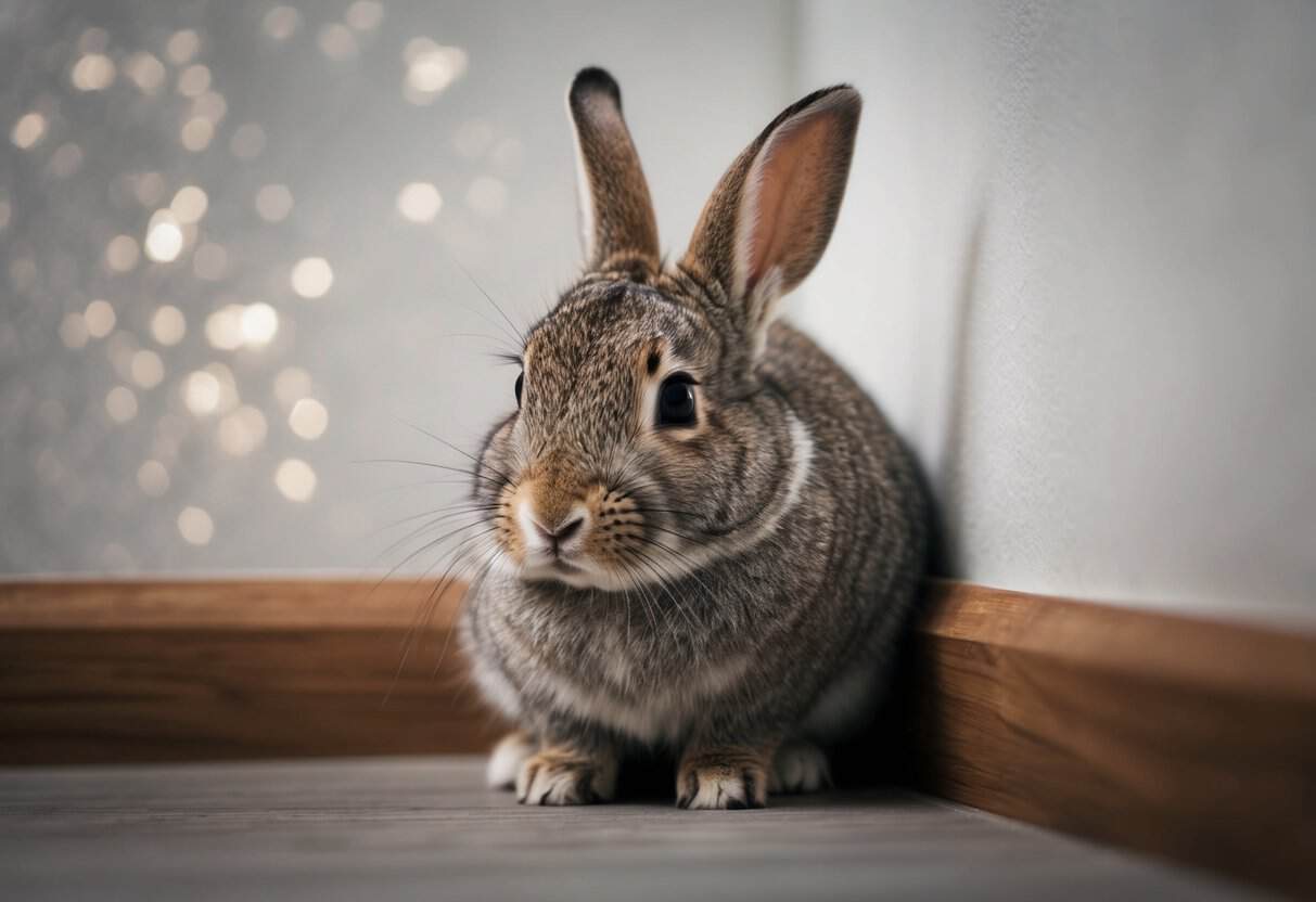 A rabbit huddled in a corner, ears pulled back, shivering, with fur puffed up
