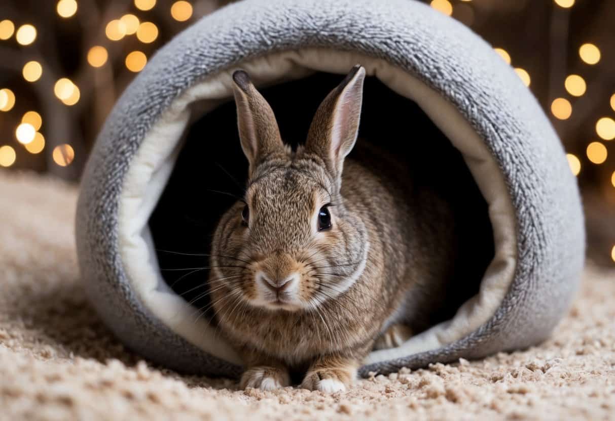 A rabbit huddled in a cozy, insulated burrow, with a furrowed brow and shivering slightly