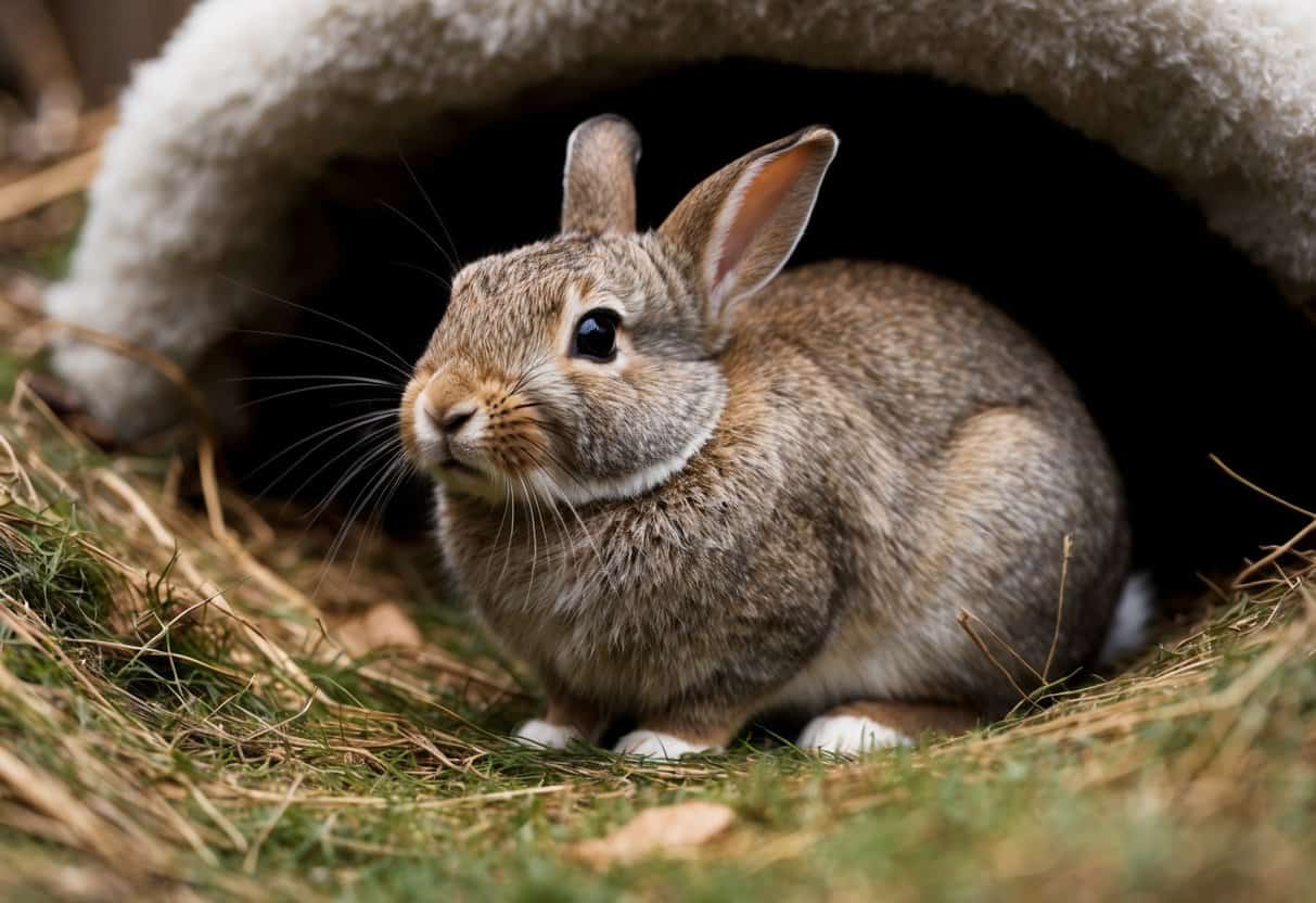 A rabbit huddled in a cozy, insulated burrow, with a fluffed-up fur coat and a content expression on its face