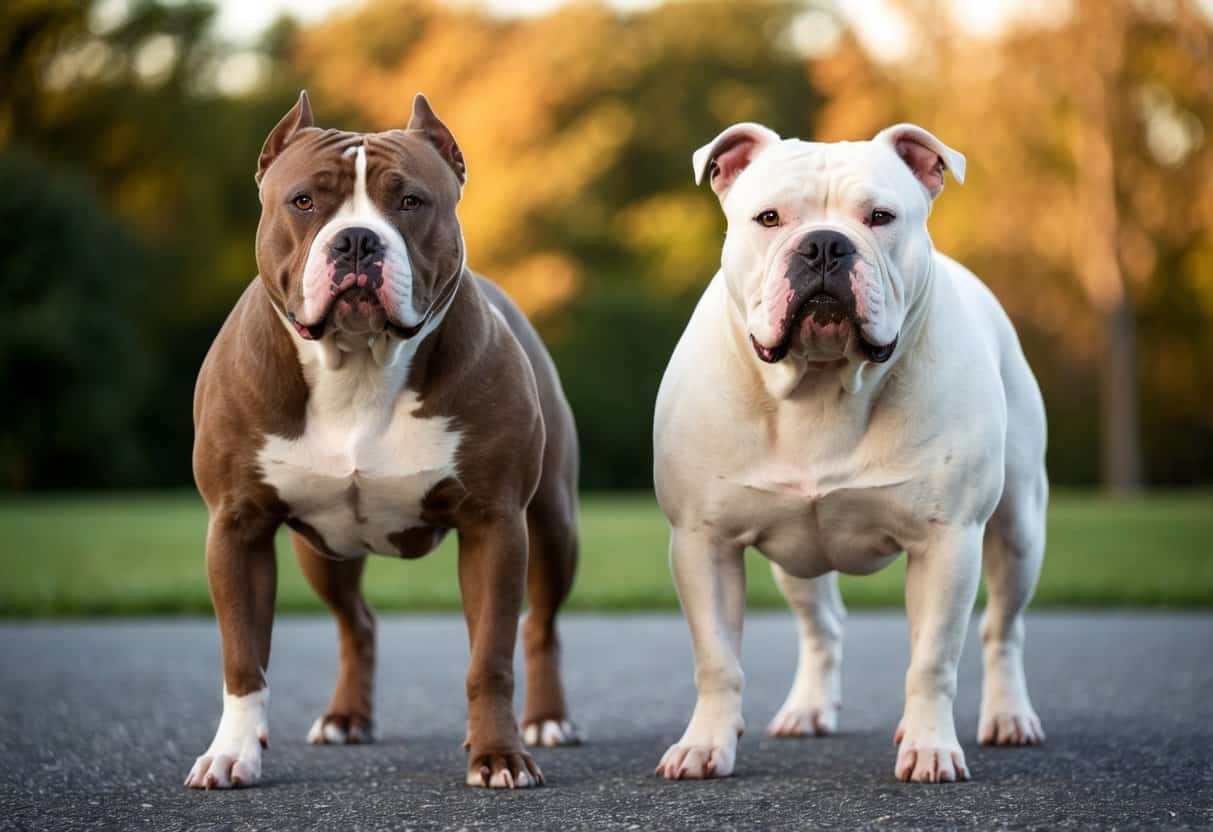 A pitbull and an American bulldog stand side by side, showcasing their distinct physical features: the pitbull with a more muscular build and a narrower head, while the American bulldog has a larger, more square head and a stockier frame